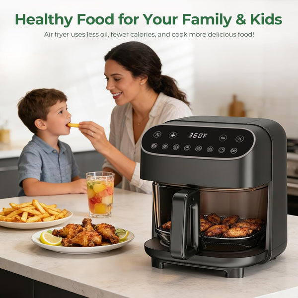 Woman and child enjoying food in a kitchen with an air fryer on the counter.