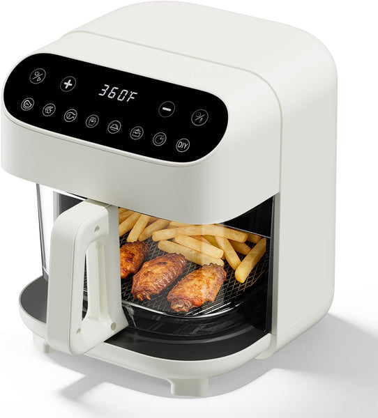 White air fryer with food inside on a white background