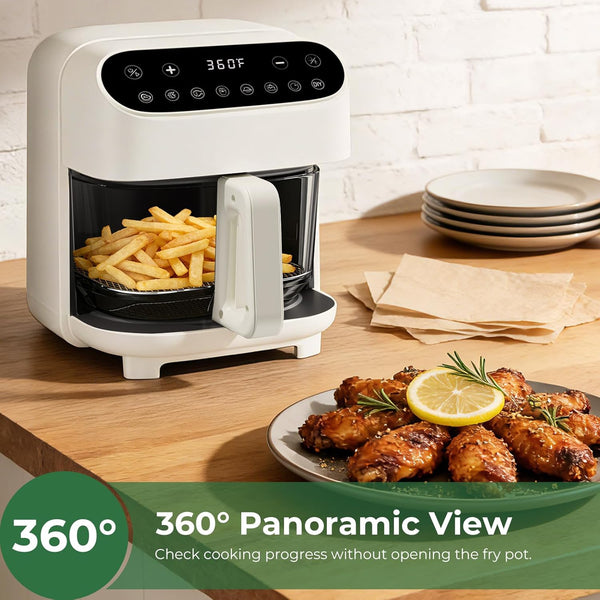 White air fryer with food on a wooden table, showing 360-degree panoramic view feature.