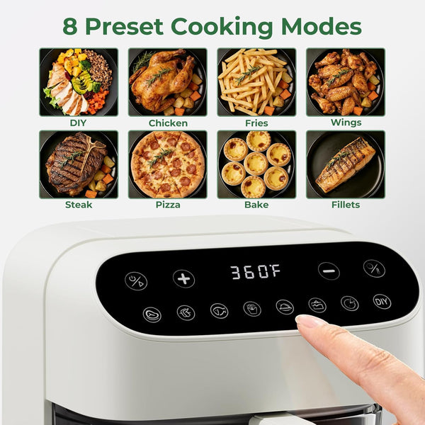 Air fryer with digital control panel displaying '8 Preset Cooking Modes' and a hand pressing the 'Bake' button.