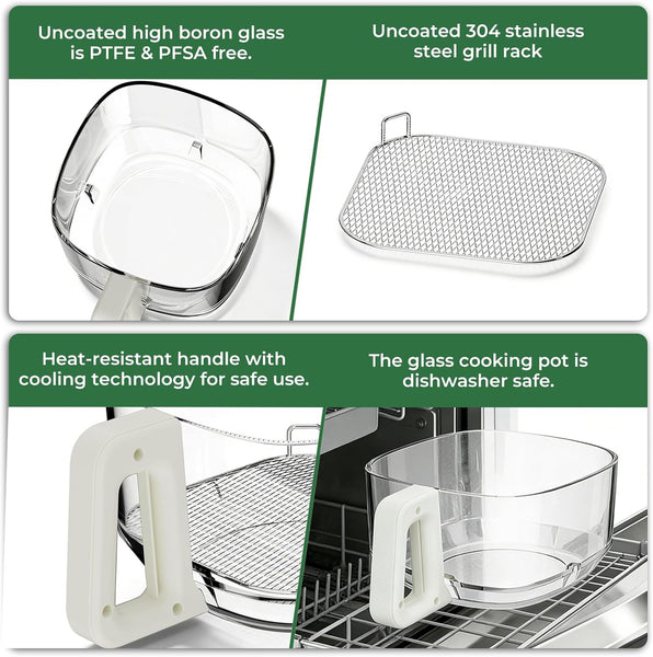 Glass cooking pot with stainless steel grill rack and features highlighted on a white background.