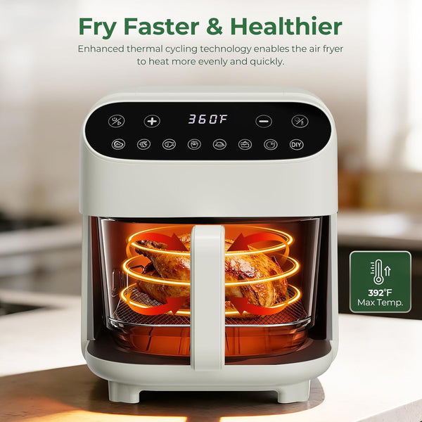 Air fryer with food inside, showing digital display and control panel, on a kitchen counter.