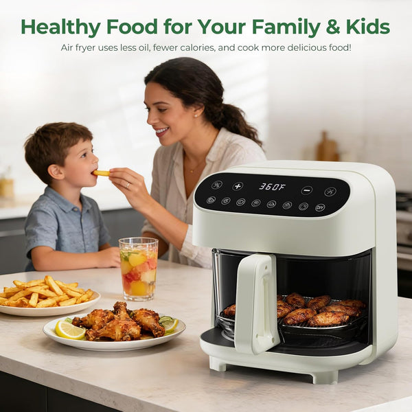 Woman and child enjoying a meal with an air fryer on a kitchen counter.