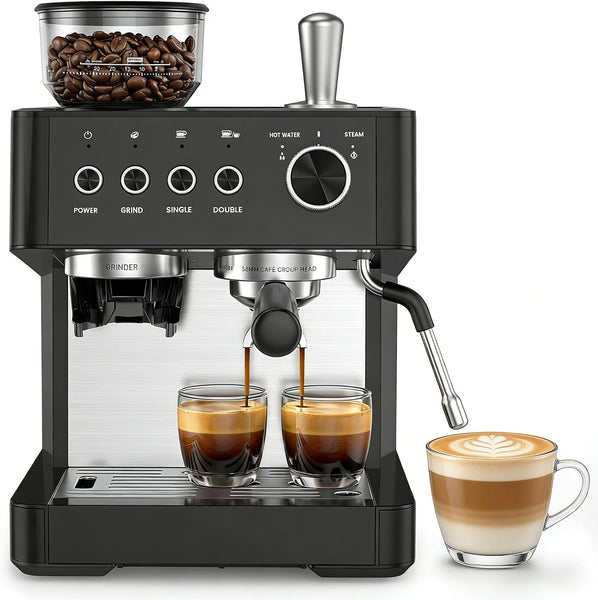 Black espresso machine with coffee being poured into two glasses and a latte in the foreground.