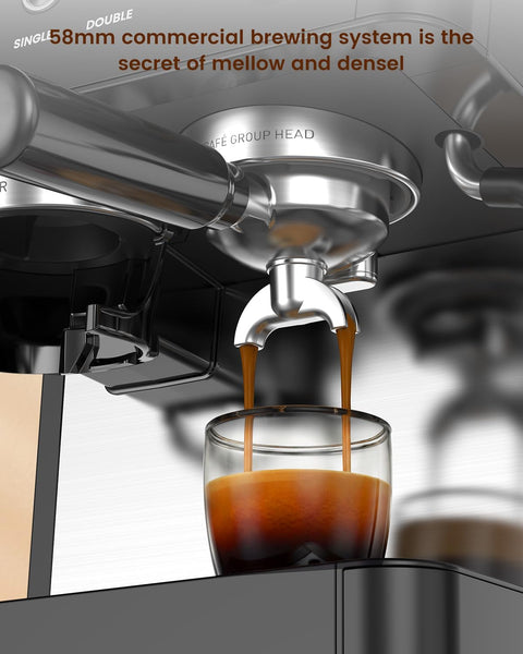 Espresso machine brewing a shot of coffee into a glass.