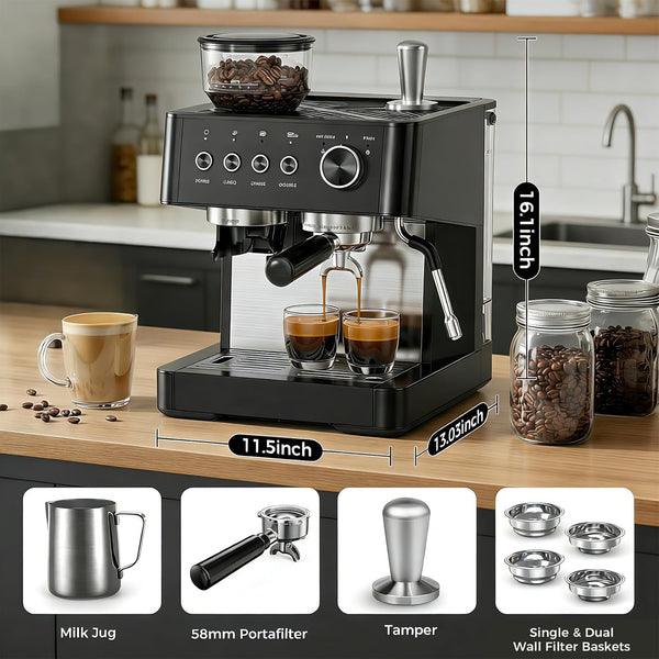 Espresso machine on a kitchen counter with measurements and accessories displayed.