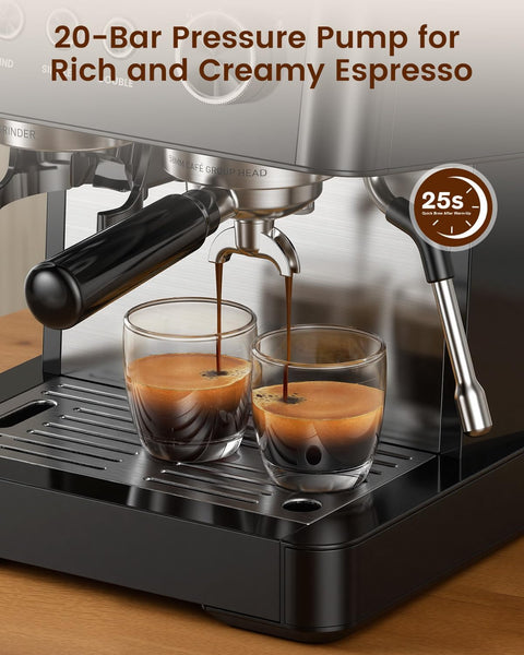 Espresso machine with two glasses of espresso being poured, emphasizing a 20-bar pressure pump for rich and creamy espresso.