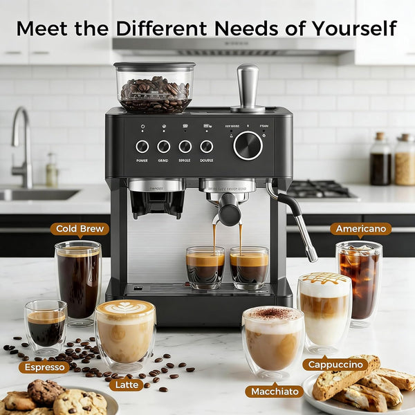 Coffee machine with various coffee types displayed on a kitchen counter
