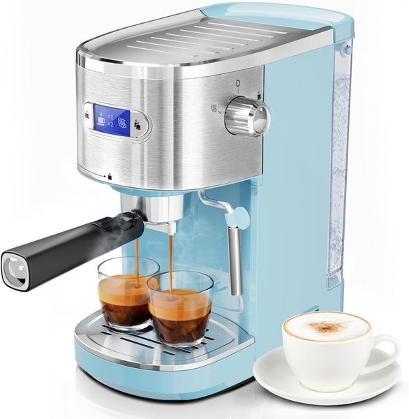Blue espresso machine with two glasses of espresso and a cup of cappuccino on a white background