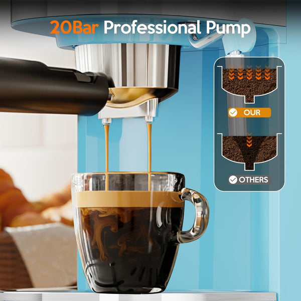 Espresso machine with 20Bar professional pump dispensing coffee into a glass cup.