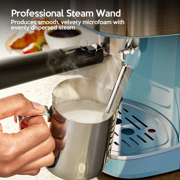 Espresso machine with steam wand being used to froth milk, with text describing the feature.