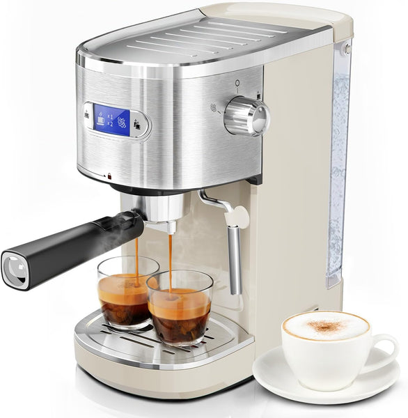 Cream-colored espresso machine with two glasses of espresso and a cappuccino on a white background