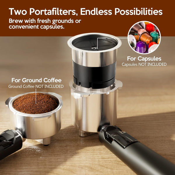 Coffee brewing device with portafilter for ground and capsule coffee on a wooden surface.