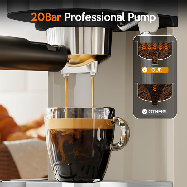 Espresso machine with 20Bar Professional Pump dispensing coffee into a glass cup, with a blurred background.