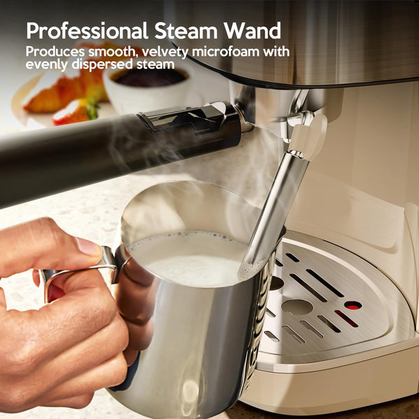 Professional steam wand being used to froth milk in an espresso machine.