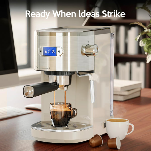 Coffee machine dispensing coffee into a cup on a desk with text 'Ready When Ideas Strike'.