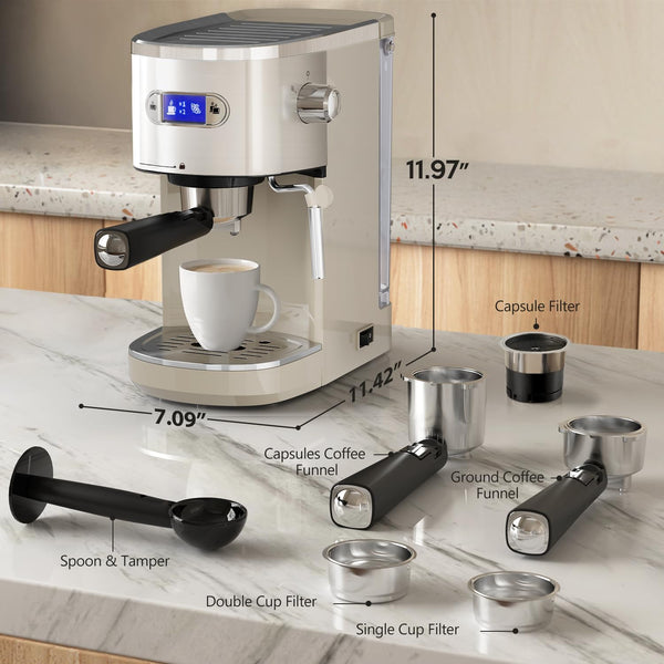 Coffee machine with various components labeled on a marble surface