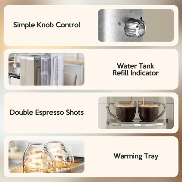 Features of a coffee machine including simple knob control, water tank refill indicator, double espresso shots, and warming tray.