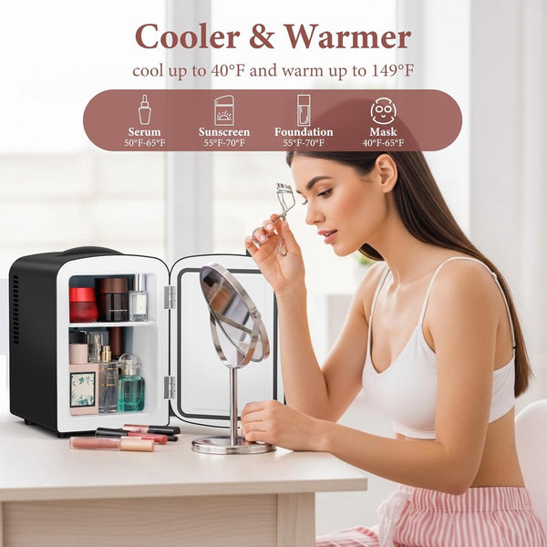 Woman using a mini fridge as a cooler and warmer for skincare products with text indicating temperature ranges.
