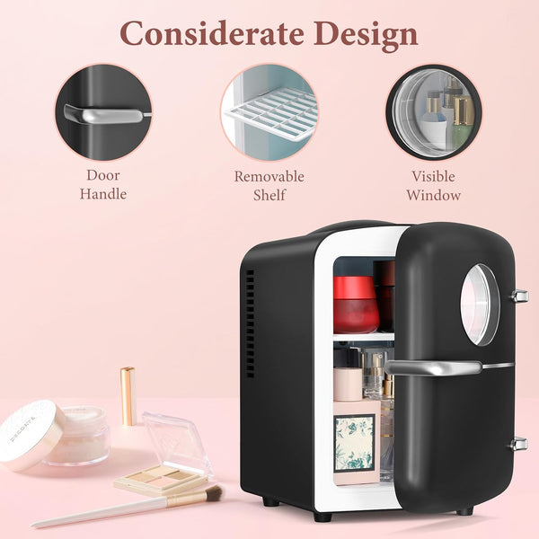 Black mini refrigerator with features highlighted on a pink background