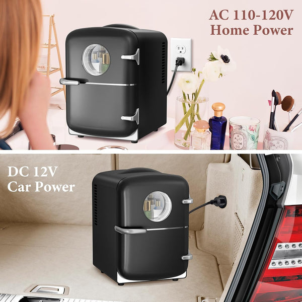 Black mini refrigerator with AC 110-120V and DC 12V power options, shown in home and car settings.