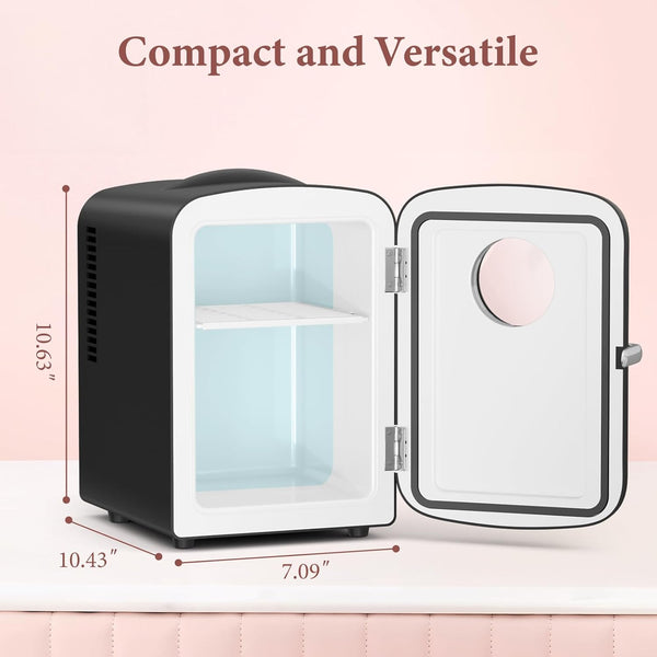 Compact black mini fridge with open door on a pink background, showing dimensions.