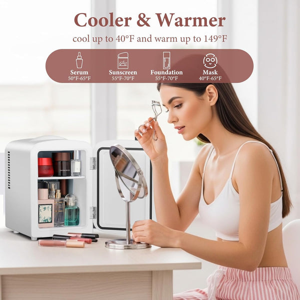 Woman applying makeup in front of a small cooler and warmer unit with product display.
