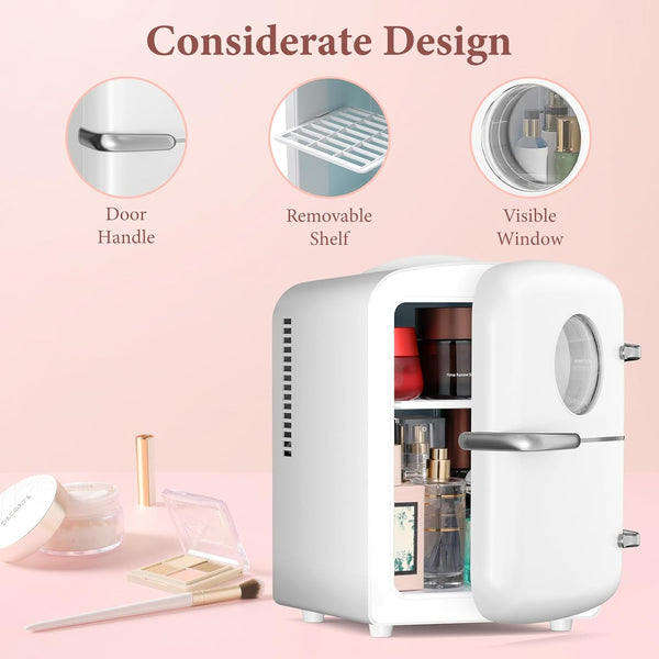 Small white refrigerator with features highlighted on a pink background