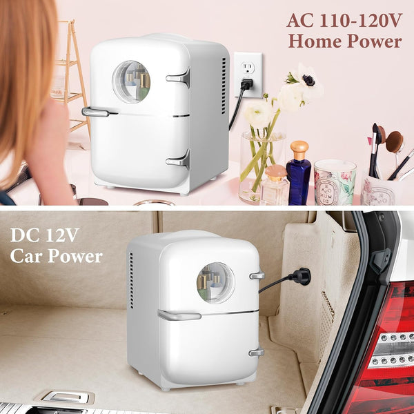 White mini refrigerator with power adapter for home and car use.