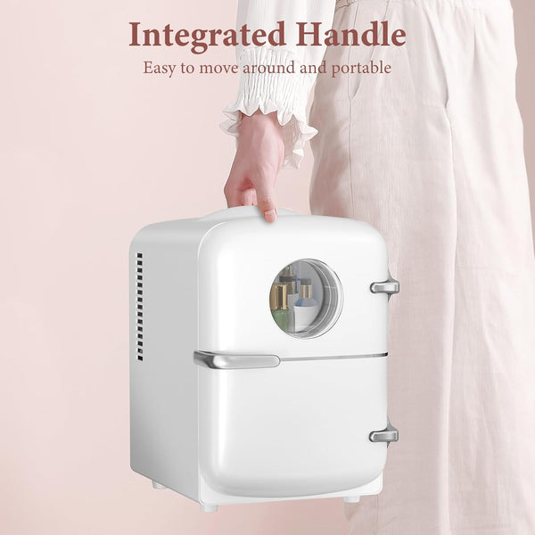 White portable cooler with integrated handle, held by a person, on a light pink background.