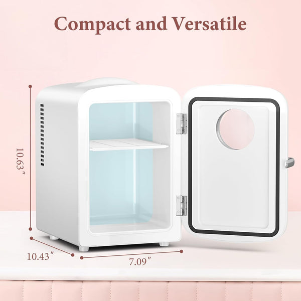 Small white refrigerator with open door on a pink background, showing dimensions.