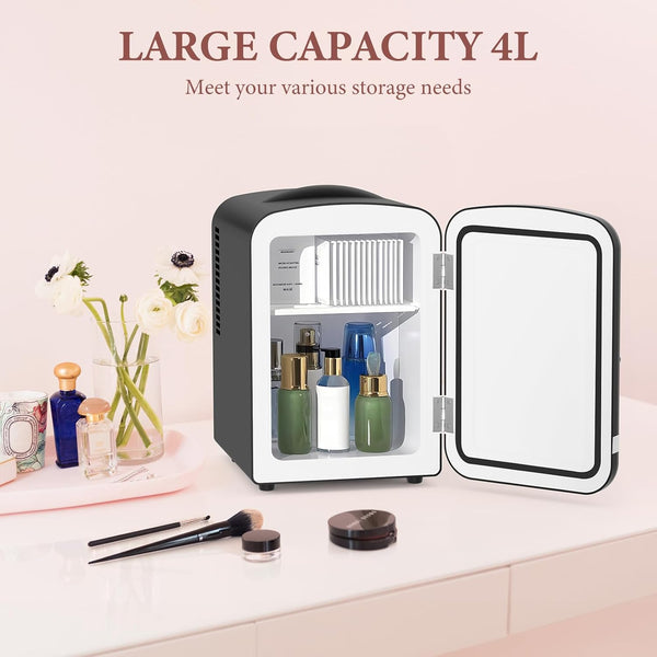 Small refrigerator with open door displaying various items on a light surface.