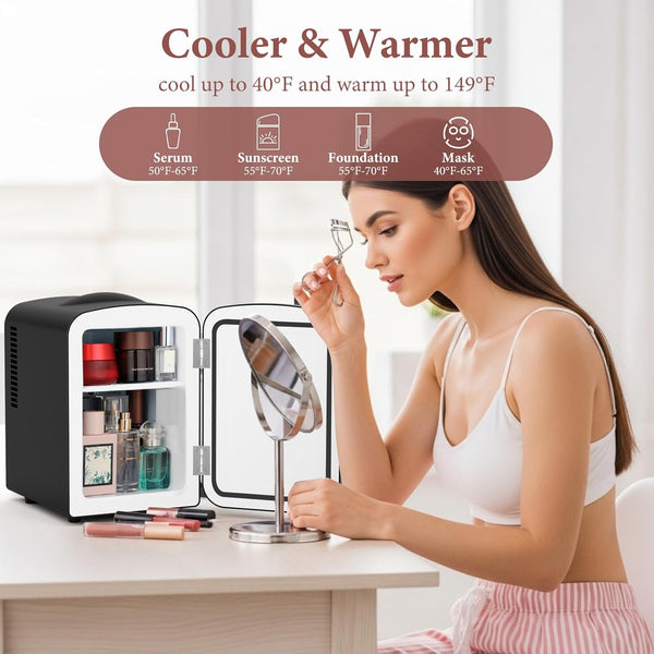 Woman using a mini fridge as a cooler and warmer for skincare products with text indicating temperature ranges.