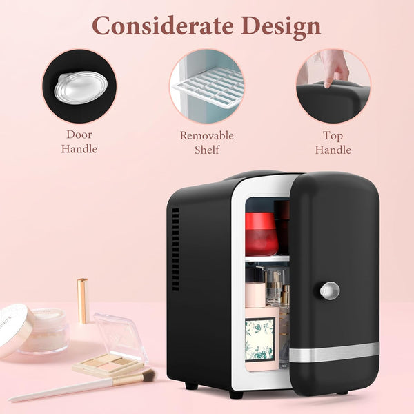 Black mini refrigerator with features highlighted on a pink background