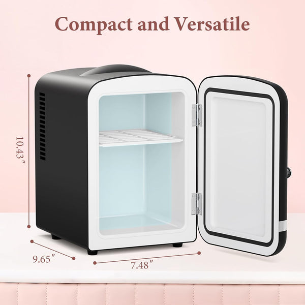 Compact refrigerator with open door on a pink background, dimensions displayed.