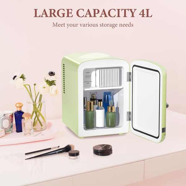 Small refrigerator with open door displaying cosmetic products on a light pink background