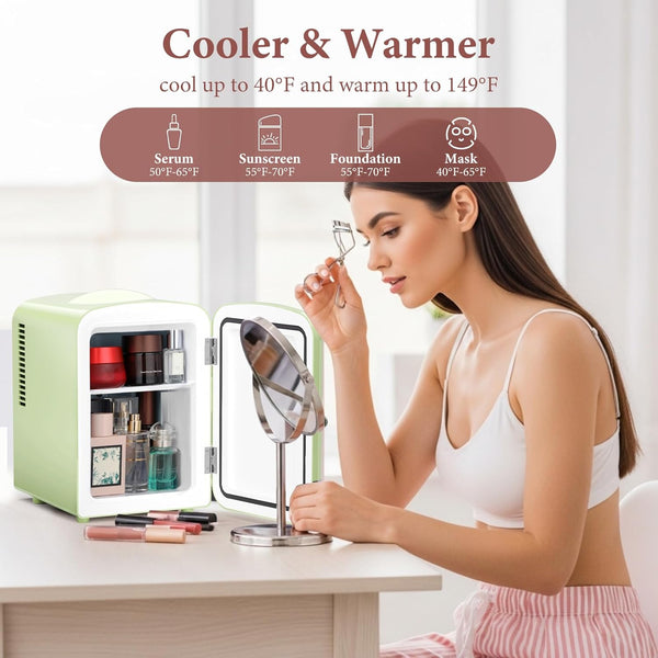 Woman using a mini fridge as a cooler and warmer for skincare products with text indicating temperature ranges.