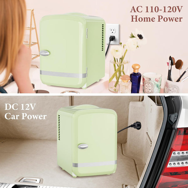 Green mini refrigerator shown with AC and DC power sources in home and car settings.