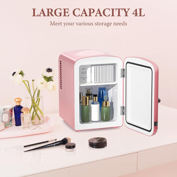 Small pink refrigerator with open door displaying cosmetic items on a light background