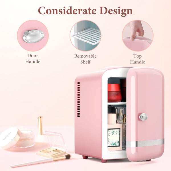 Pink mini refrigerator with features highlighted on a light pink background
