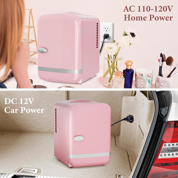 Pink mini refrigerator with power options for home and car use.