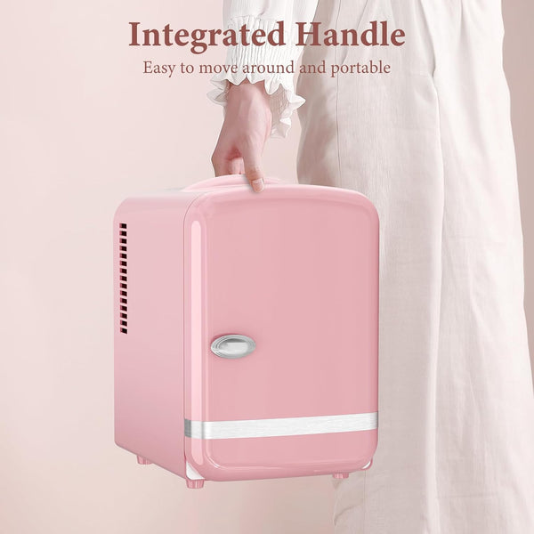 Pink portable cooler with integrated handle on a light pink background