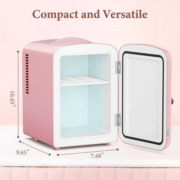 Pink mini refrigerator with open door on a light pink background, dimensions displayed.