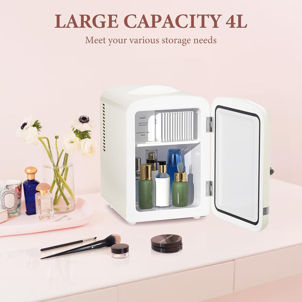 Small refrigerator with open door displaying various items on a light pink background