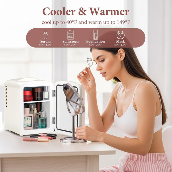 Woman using a mini makeup refrigerator with products inside, set against a neutral background.