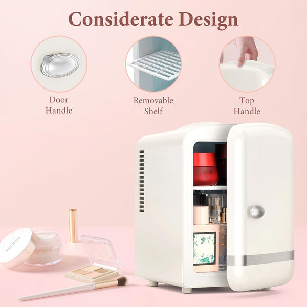 White mini refrigerator with open door displaying items on a pink background, featuring text on design elements.