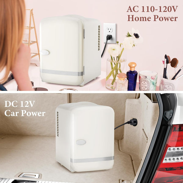 Small white refrigerator with power cord connections for home and car use.