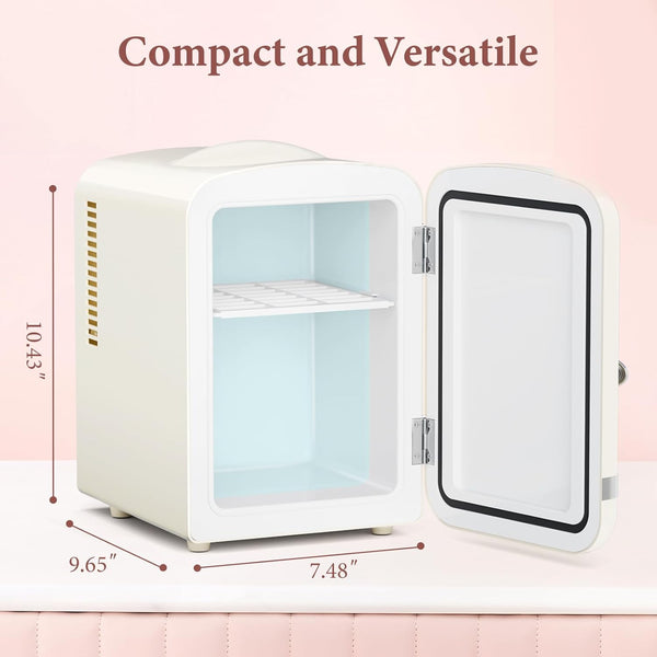 Small white refrigerator with open door on a pink background, showing dimensions.