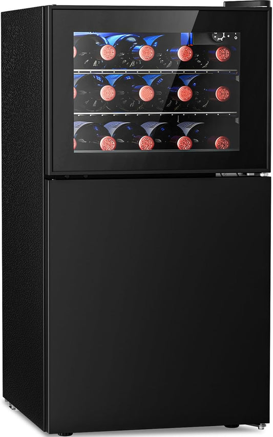 Black wine cooler with digital display showing wine bottles inside