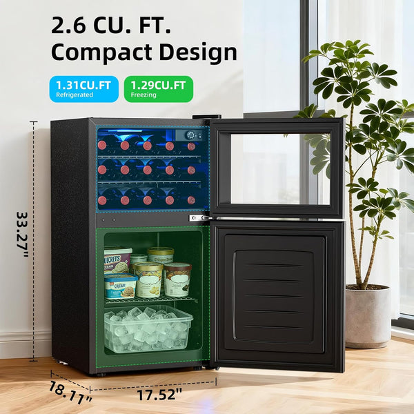 Compact black refrigerator with open door showing interior compartments and dimensions displayed.